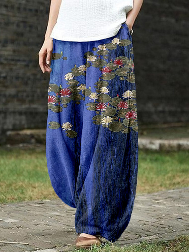 Vintage Water Lily Japanese Art Cozy Pants