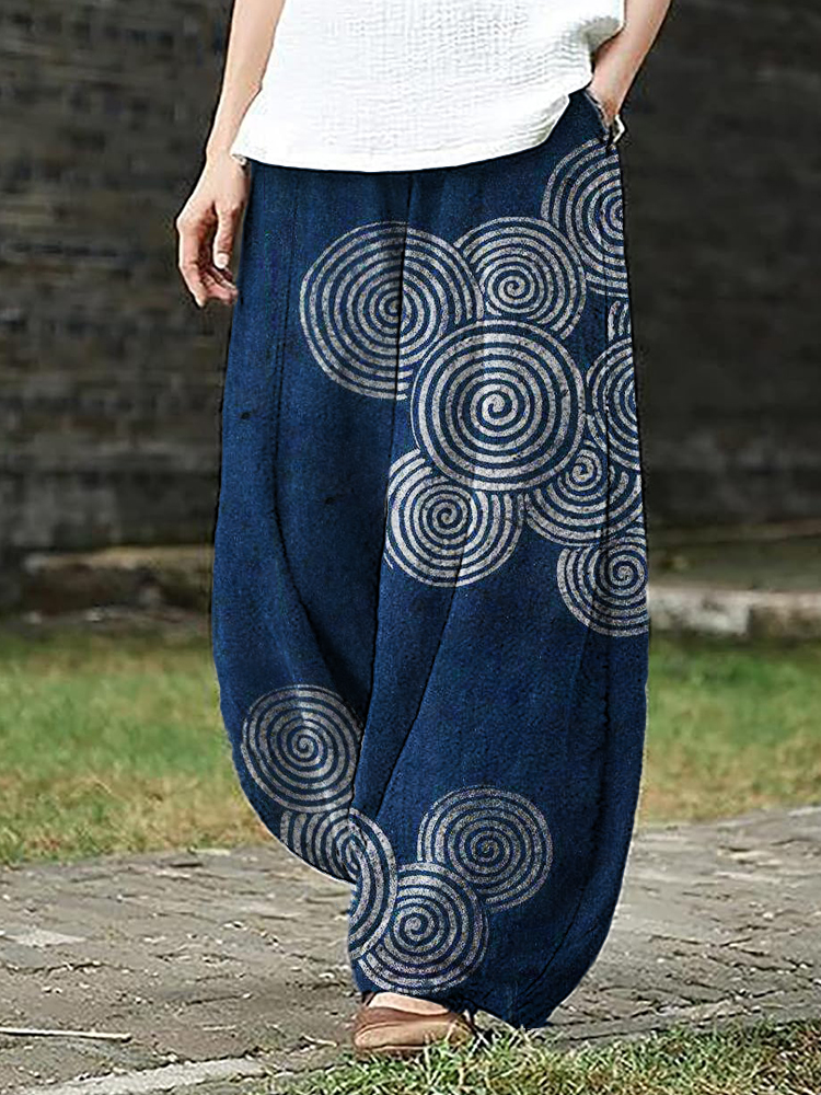 Sea Waves Ripples Japanese Lino Art Flowy Wide Leg Pants