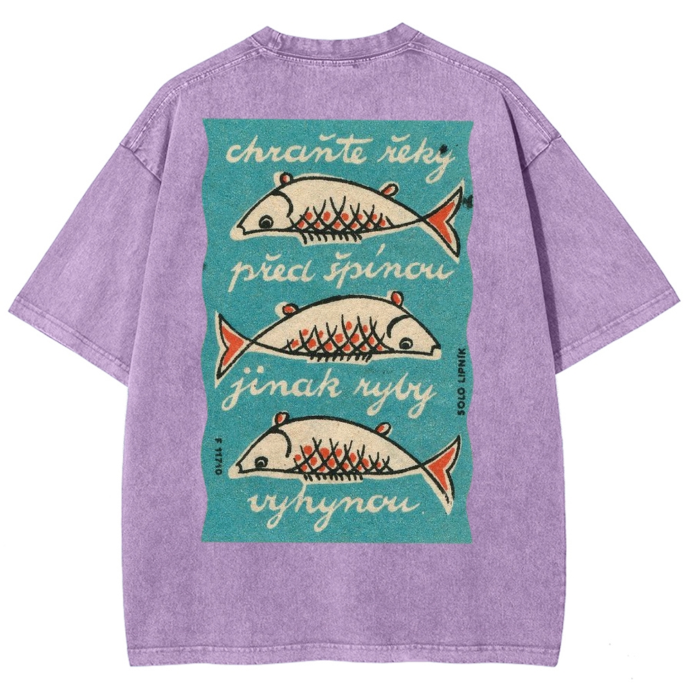 Fishes Pattern Printed Washed Vintage Short Sleeves T-Shirt