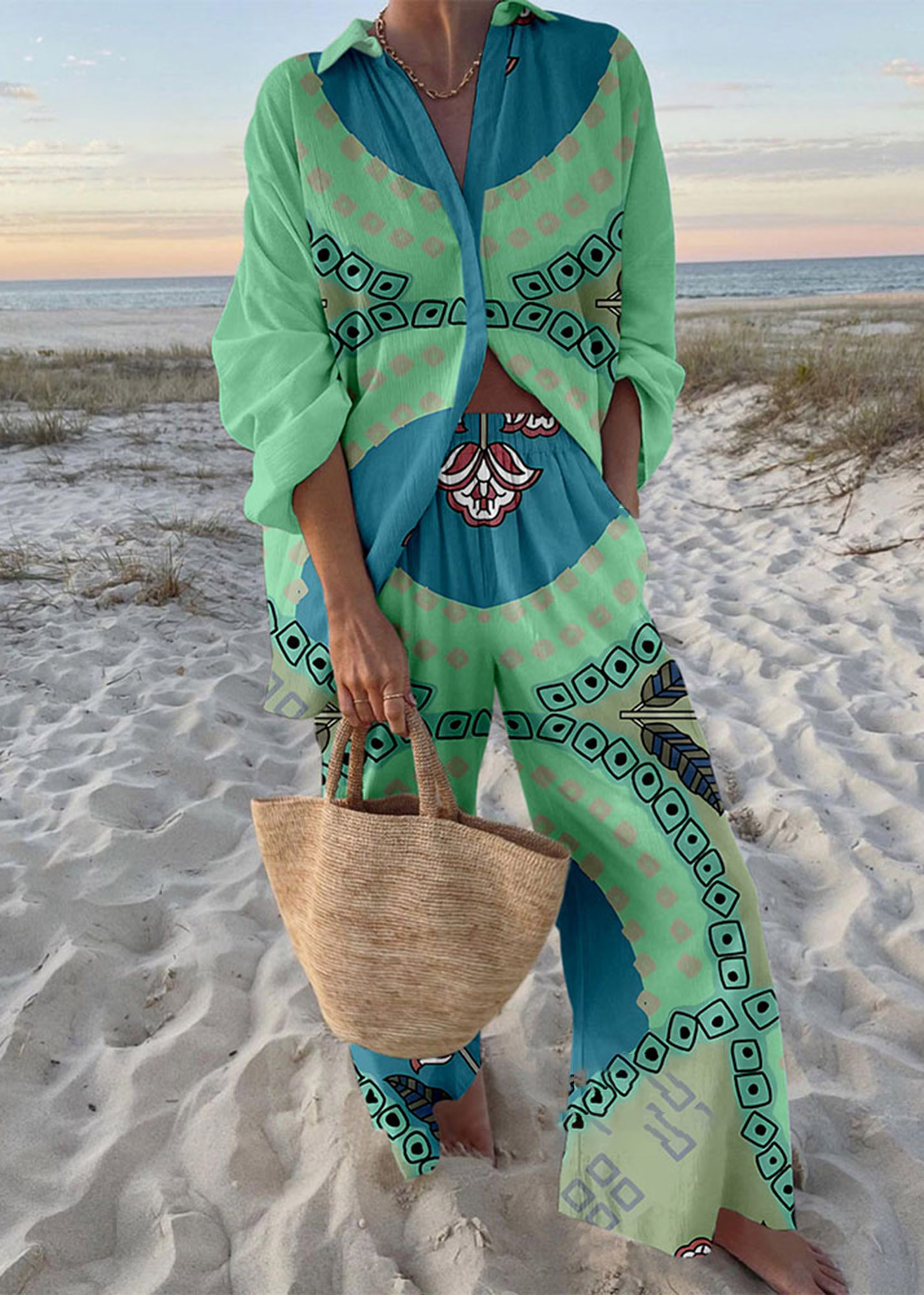 Young Flower Print Shirt & Pants Two-Piece Set