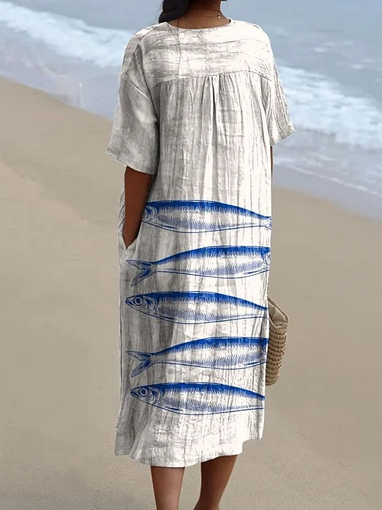 Women's Vintage Lovely Fish Art Print Flowy Dress