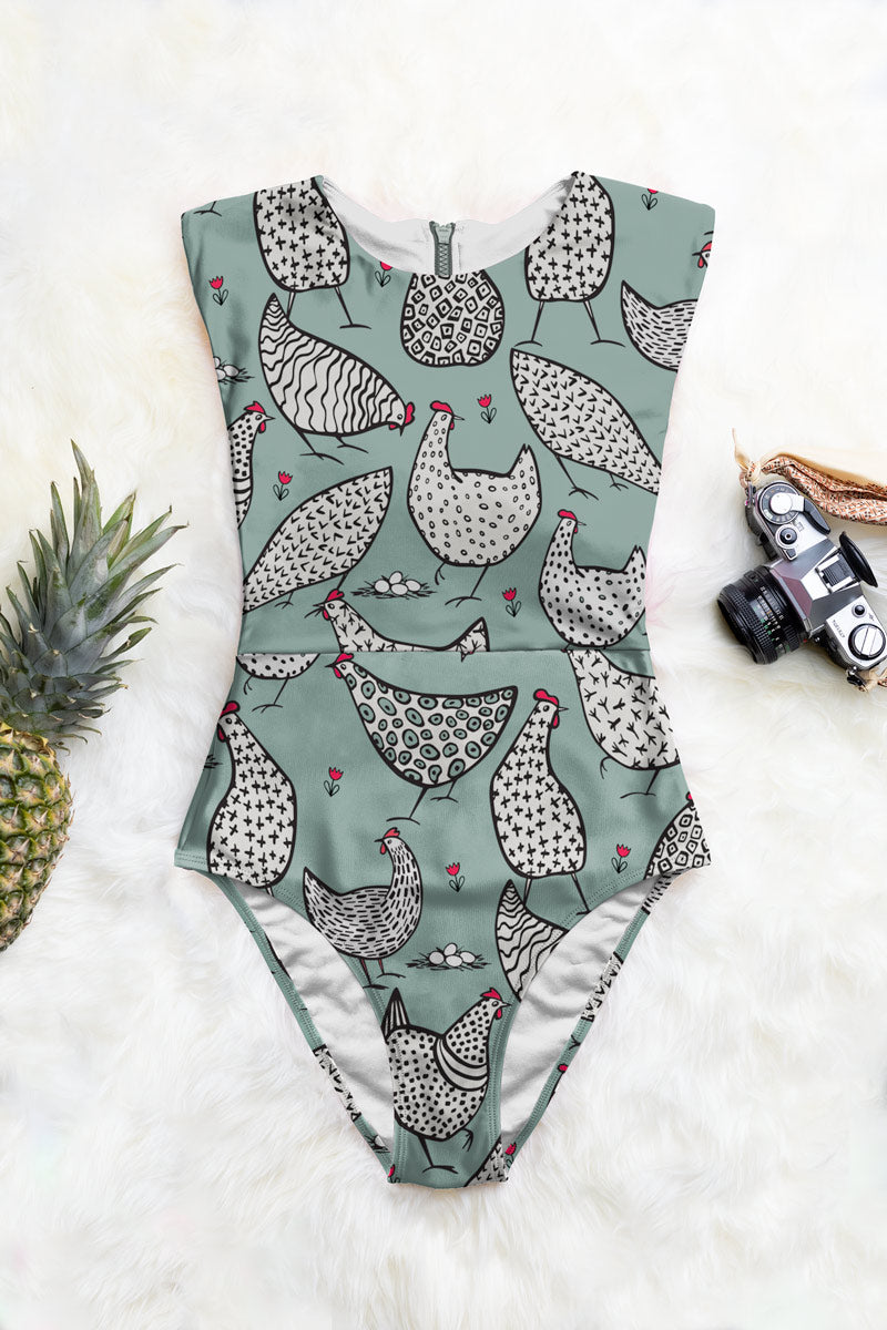 Line Spotted Chicken Print Zip Up One-Piece