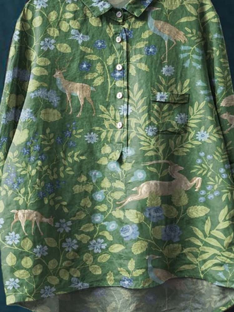Women's Vintage Floral Animals Art Print Casual Cotton And Linen Shirt