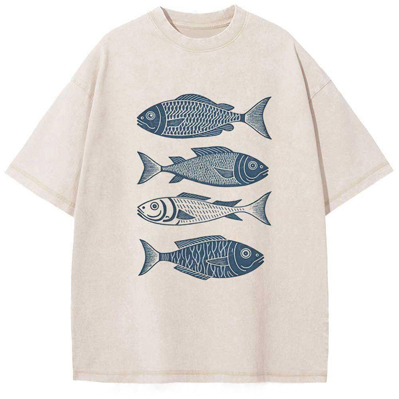 Unisex Fish That Meet And Separate Printed Washed Tee