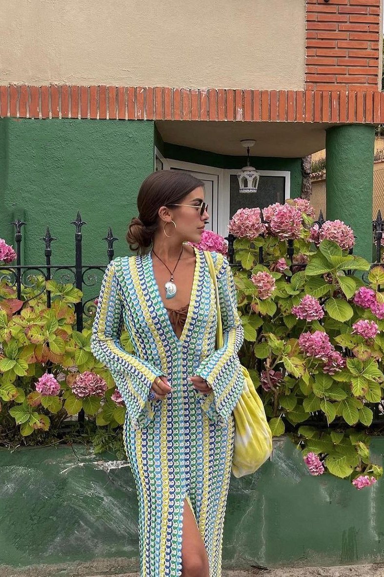 Dawn V-neck Collared Crochet Maxi Dress