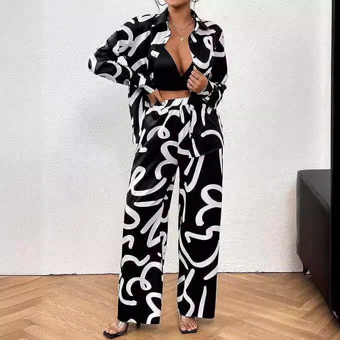 Women’s Black and White Irregular Stripes Two Piece Lounge Set Casual Long Sleeve Shirts and Wide Leg Pants