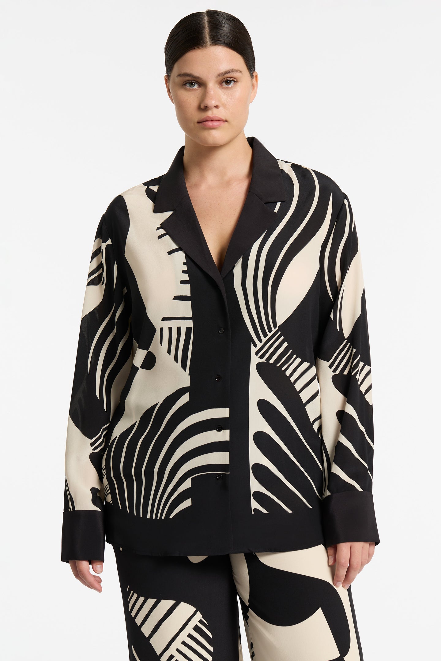 Black and White Long Sleeve Shirt and Wide Leg Trousers Set