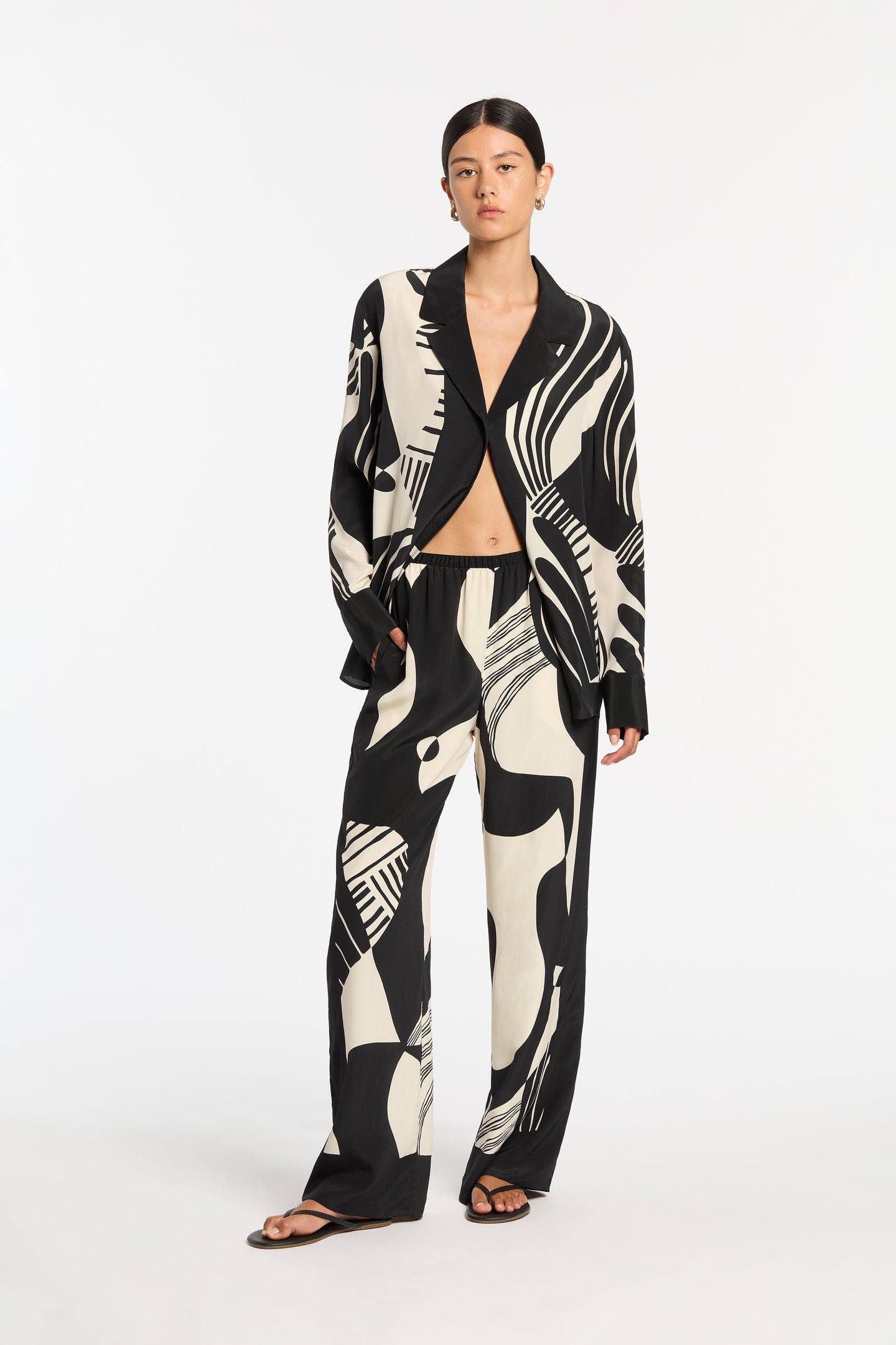 Black and White Long Sleeve Shirt and Wide Leg Trousers Set