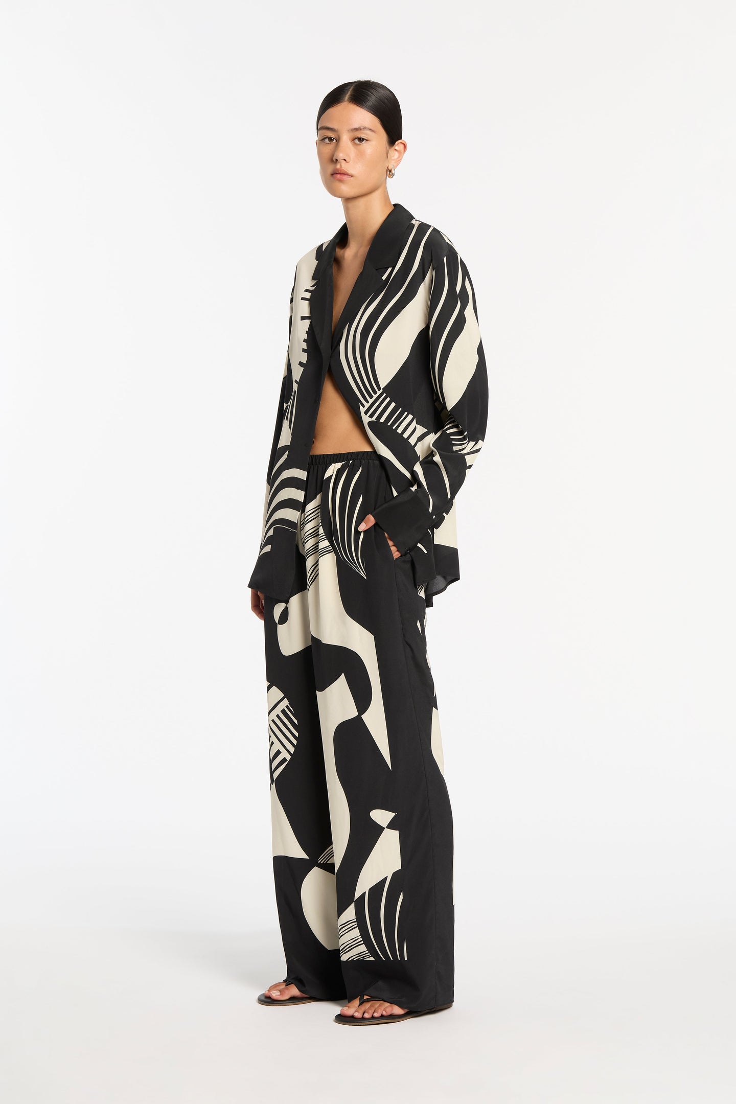 Black and White Long Sleeve Shirt and Wide Leg Trousers Set