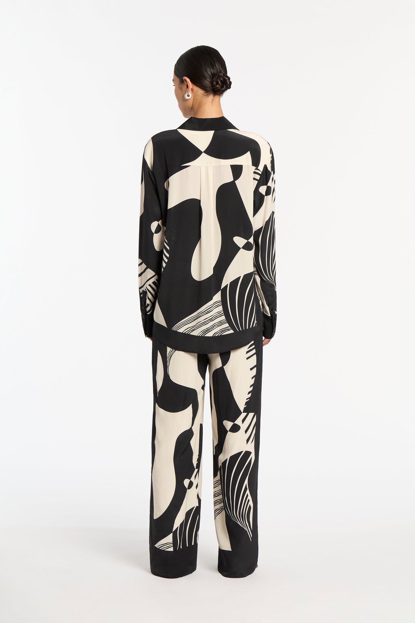 Black and White Long Sleeve Shirt and Wide Leg Trousers Set