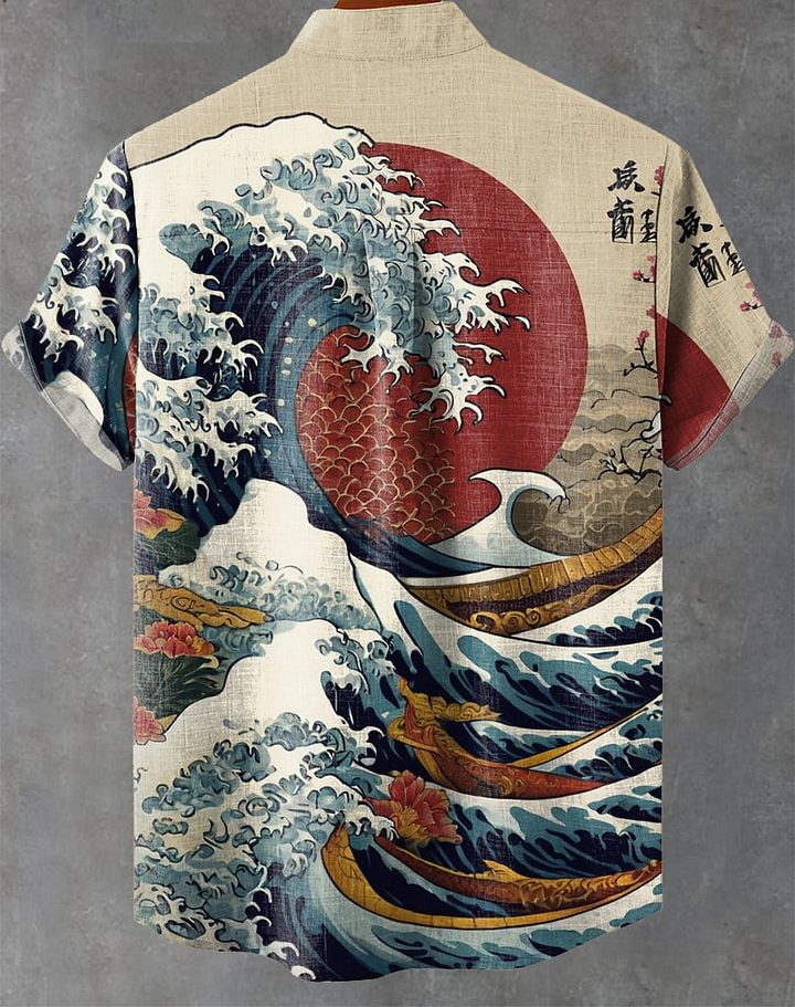 Japanese Style Rising Sun and Waves Decorative Pattern Casual Shirt