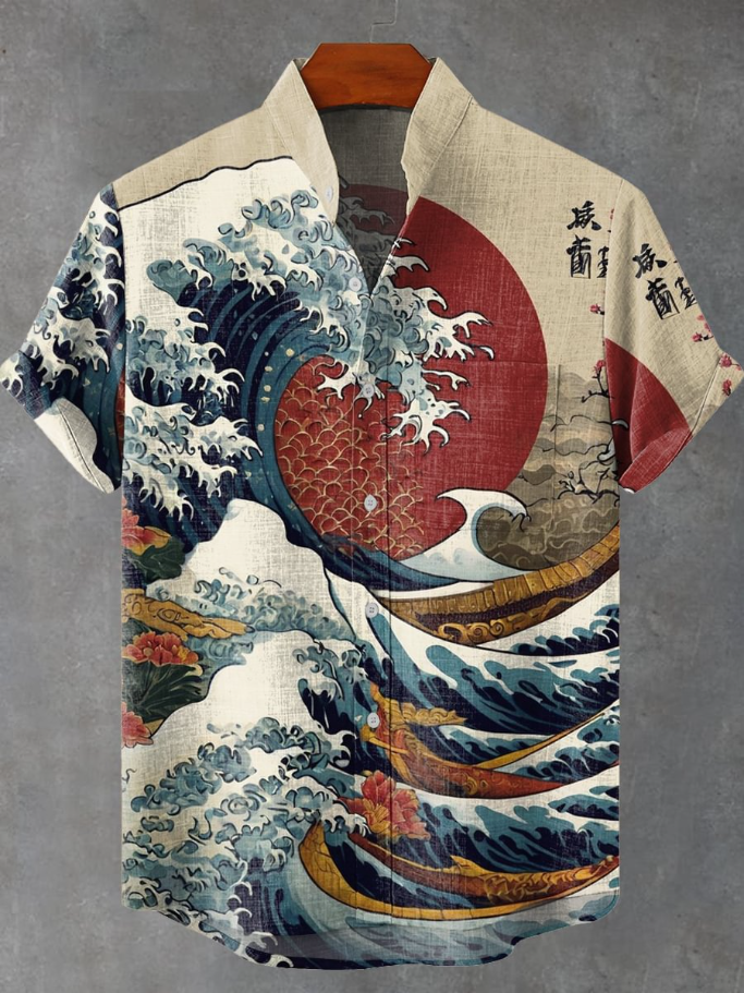 Japanese Style Rising Sun and Waves Decorative Pattern Casual Shirt