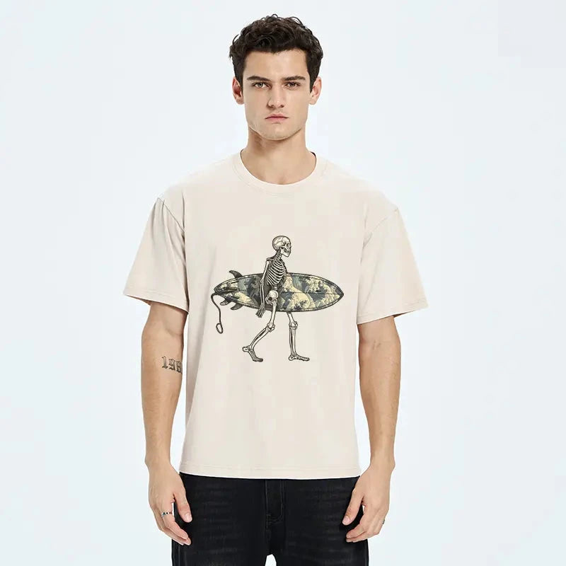   Skeleton Ready To Go Surfing Washed T-Shirt