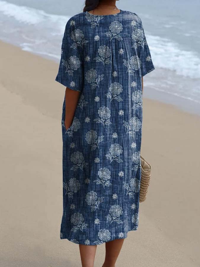 Women's Vintage Ethnic Floral Art Print Flowy Dress