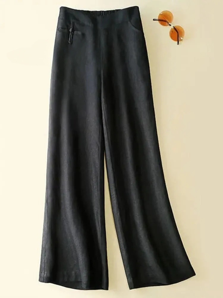 Women's Solid Color Button Half Elastic High Waist Casual Wide Leg Pants