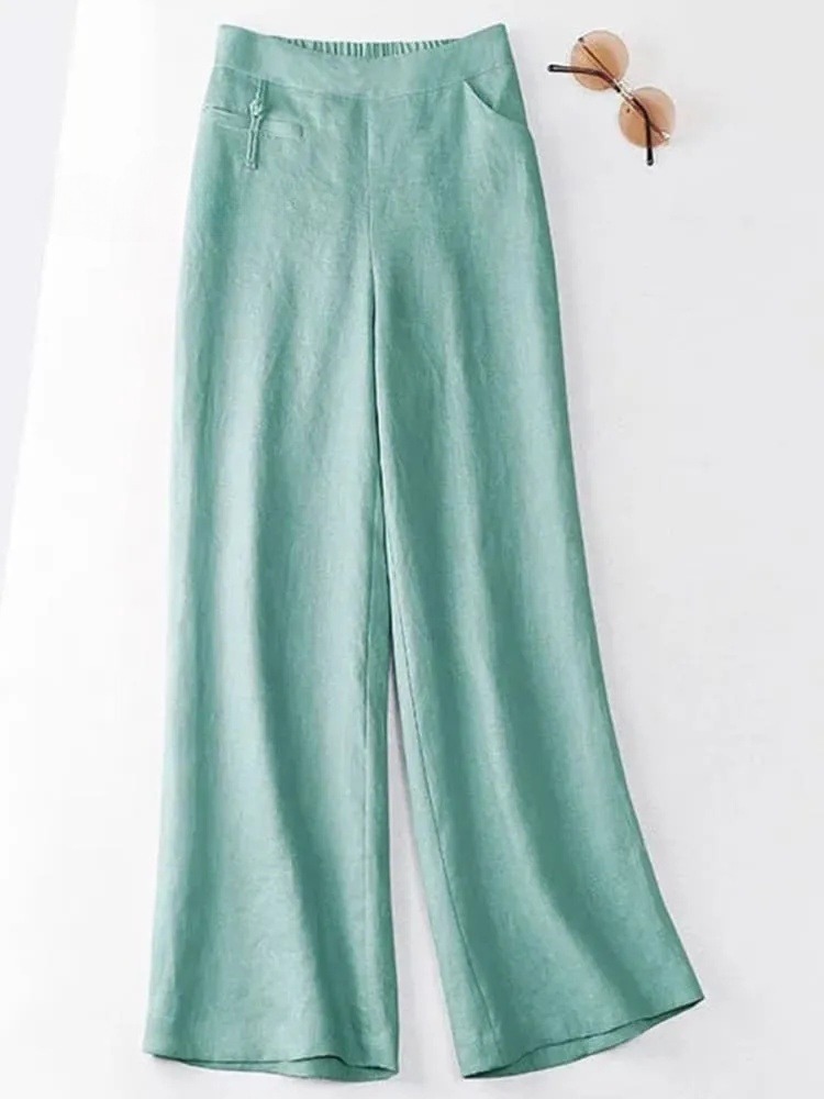 Women's Solid Color Button Half Elastic High Waist Casual Wide Leg Pants