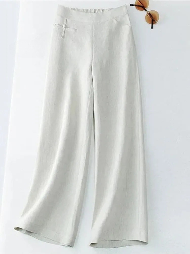 Women's Solid Color Button Half Elastic High Waist Casual Wide Leg Pants