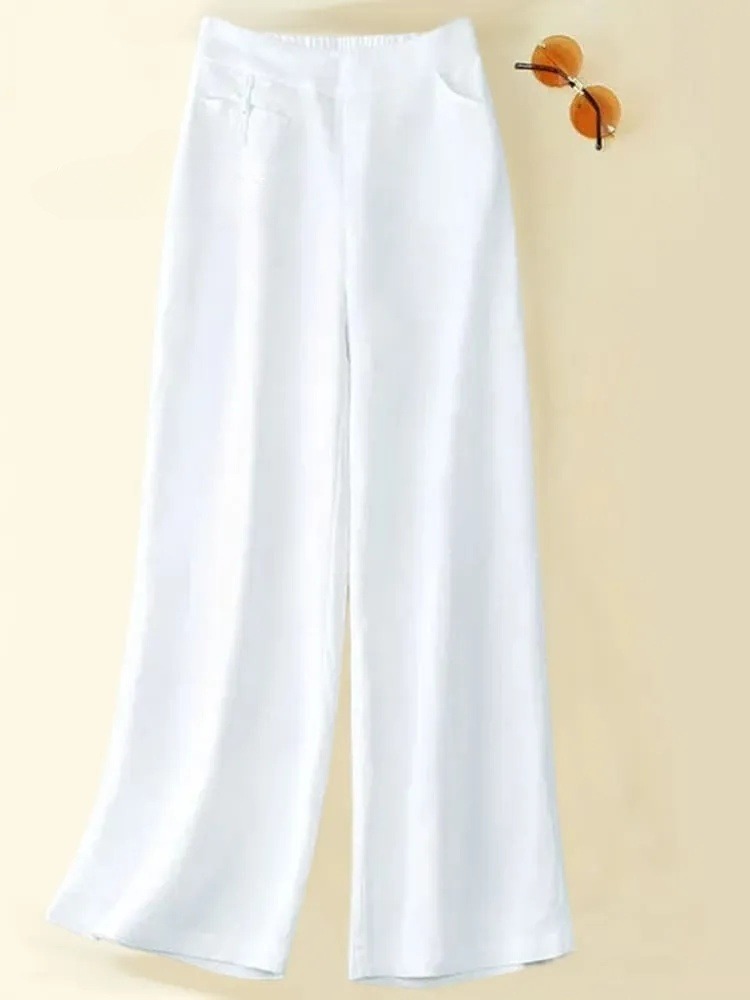 Women's Solid Color Button Half Elastic High Waist Casual Wide Leg Pants