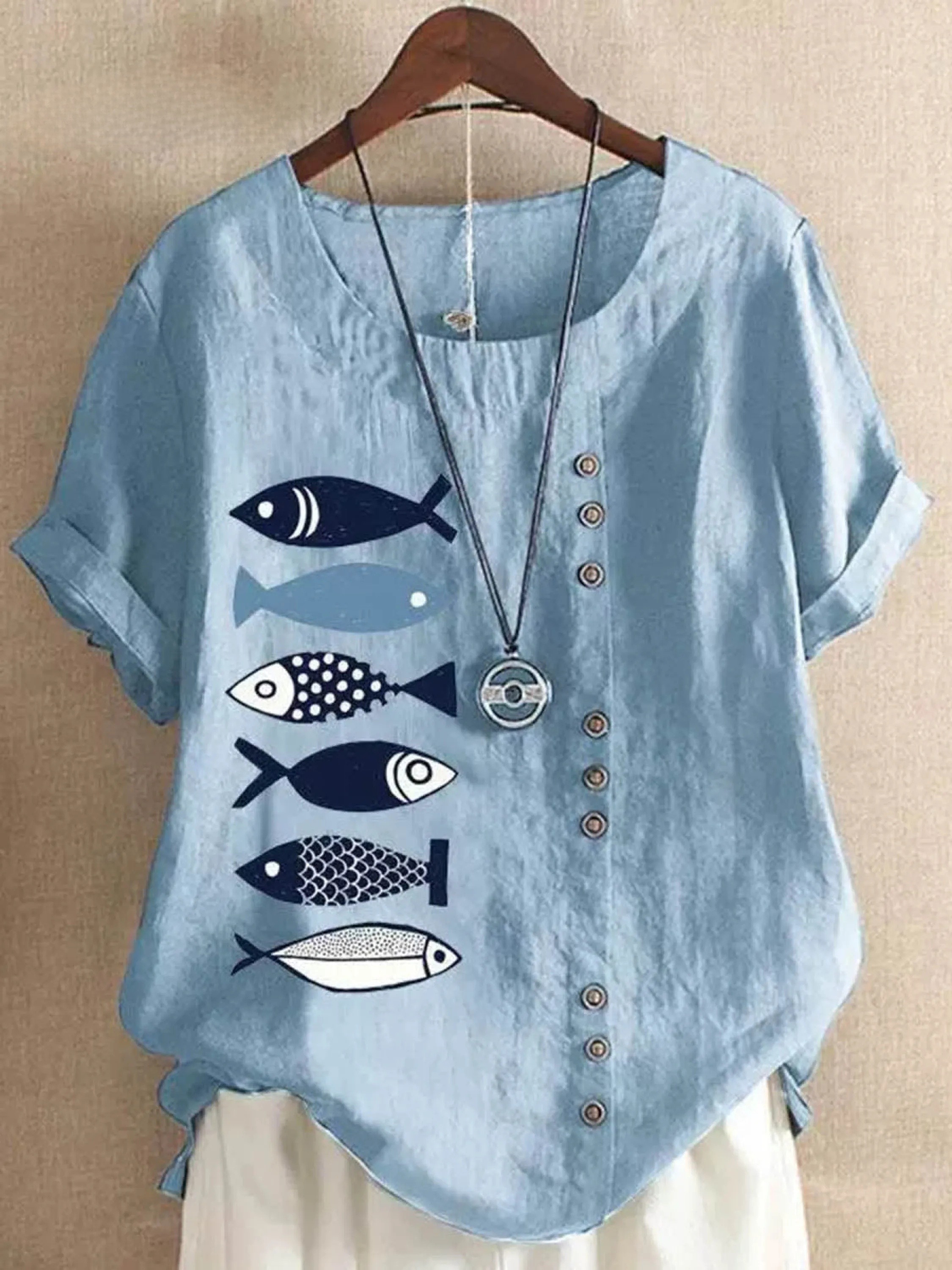Women's  Summer Round Neck Printed Short Sleeve Casual Tops