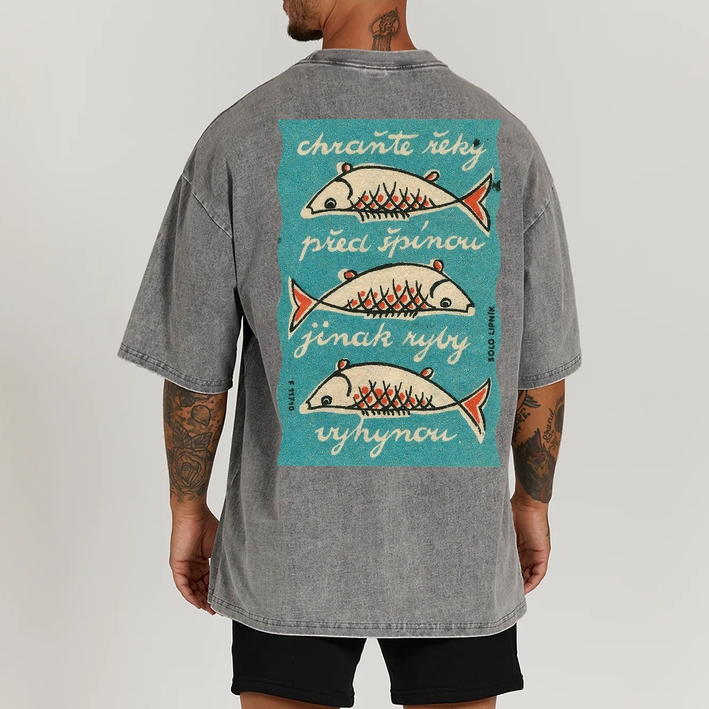 Fishes Pattern Printed Washed Vintage Short Sleeves T-Shirt
