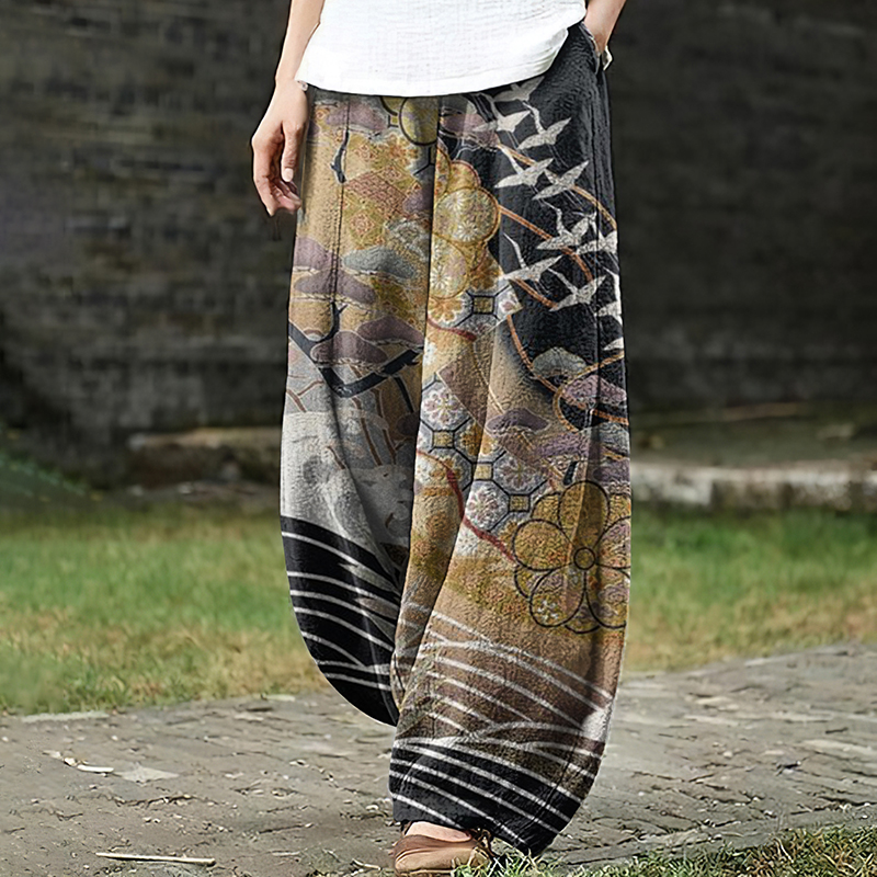 Women's Japanese Art Crane Sakura Pocket Loose Casual Pants