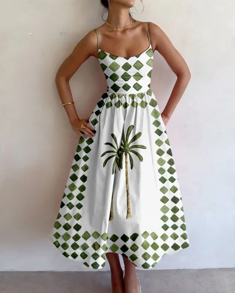 Lattice Coconut Tree Printed Sling Dress