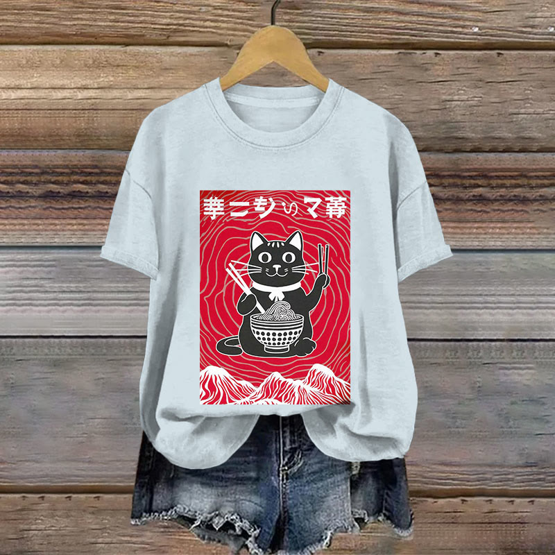 Cotton Retro Japanese Ramen And Cat Print T-shirt