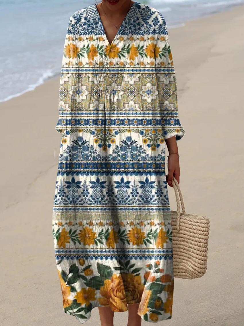 Women's Vintage Lovely Floral Art Print Cotton Dress