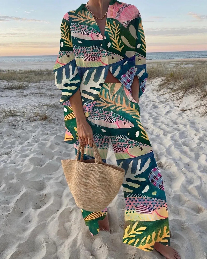Fish Print Shirt & Pants Two-Piece Set