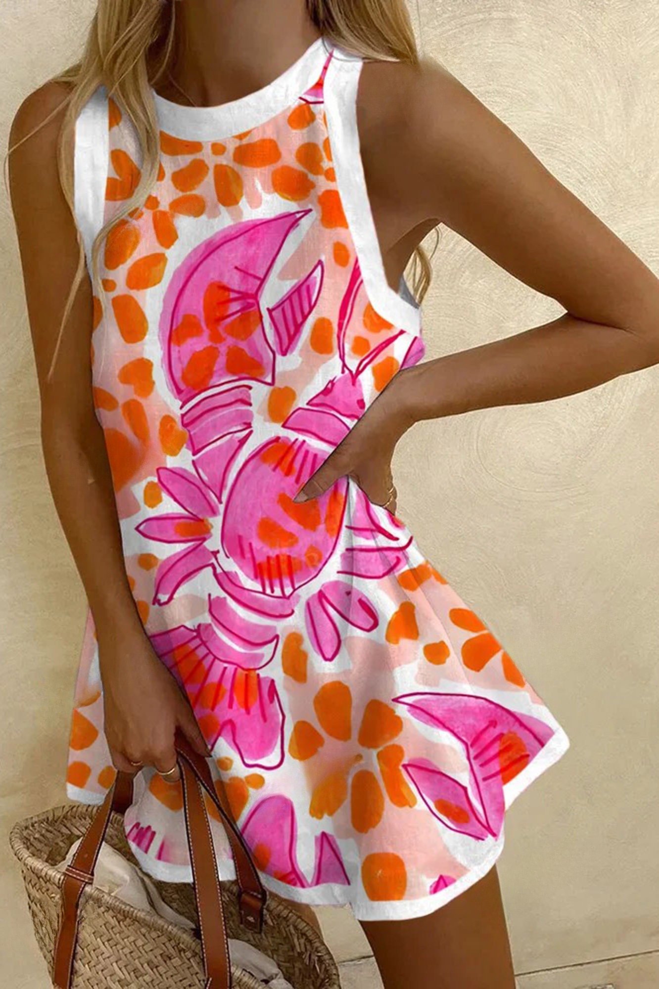 Large Lobster Colorblock Print Sleeveless Dress