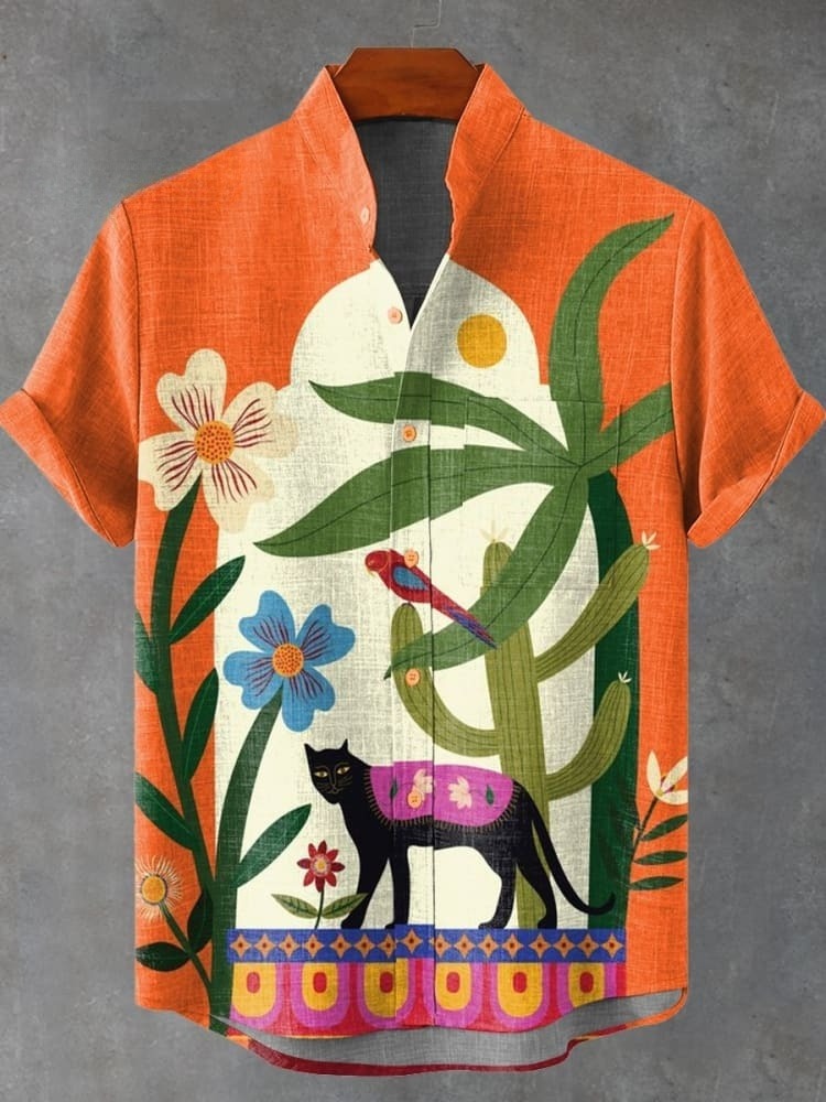 Plants In Front of Vintage Arch. Black Panther and Plant Decorative Pattern Casual Shirt