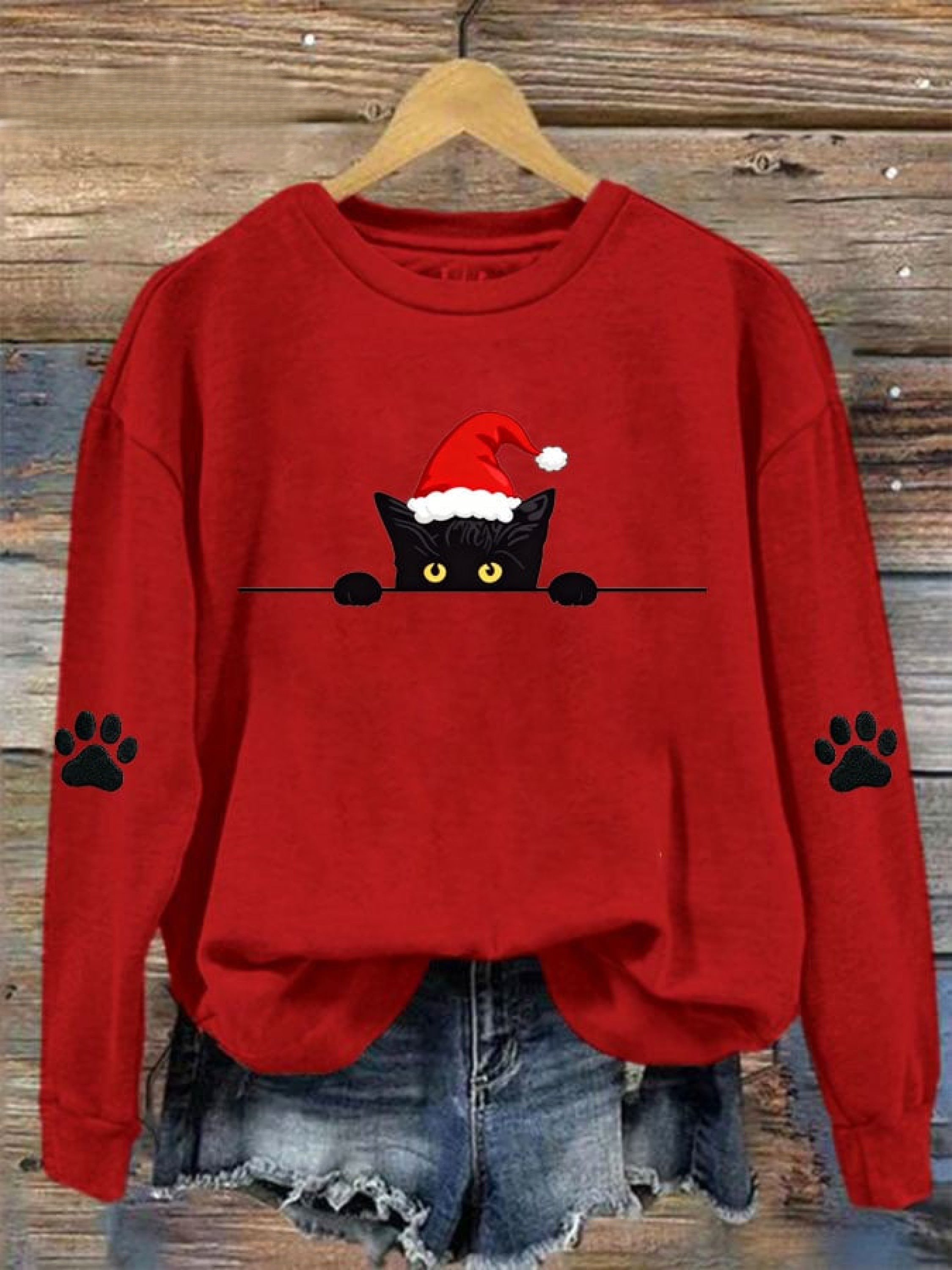 Women's Christmas Cat Printed Crew Neck Sweatshirt