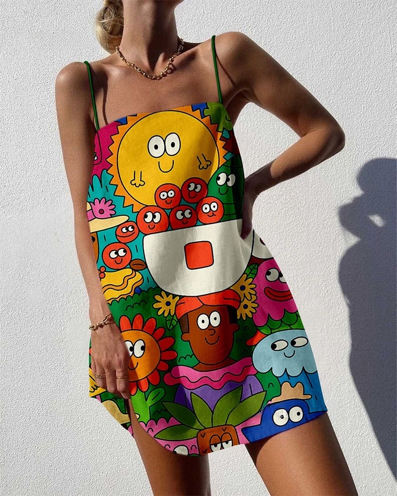 Funny Cartoon Print Sling Mini Dress