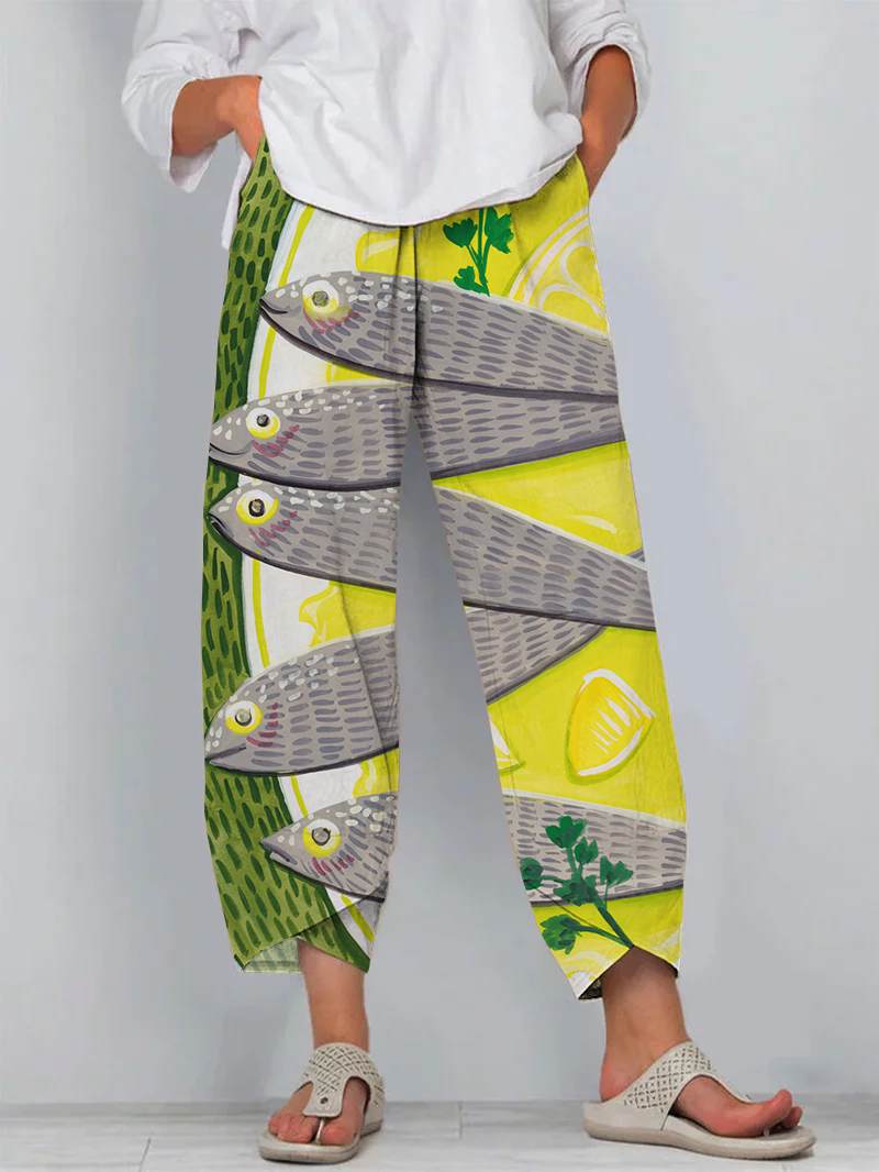 Japanese Multicolor Sardines Art Print Cropped Pants
