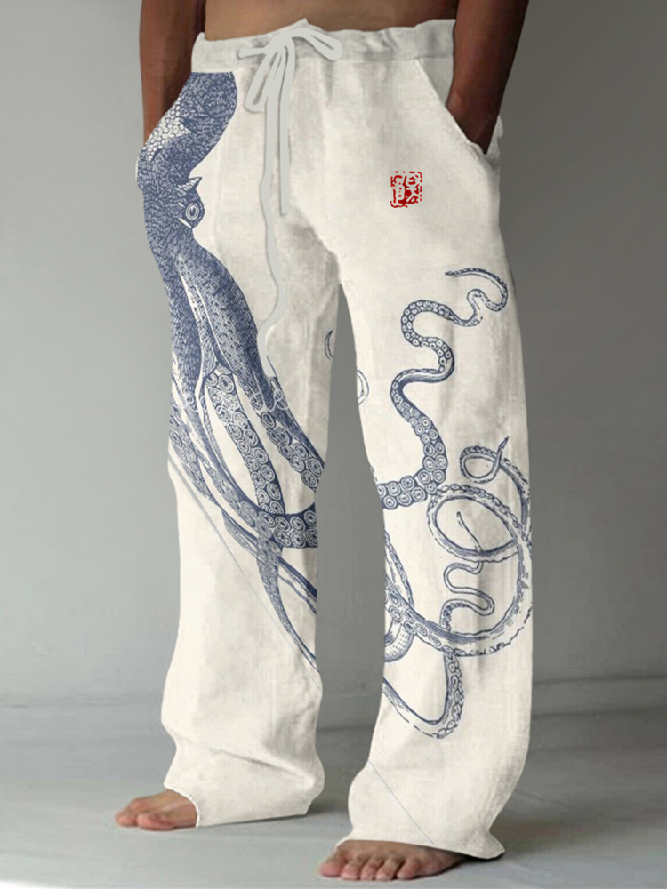 Funbibi Men's Japanese Art Octopus And Crab Print Casual Linen Blend Pants