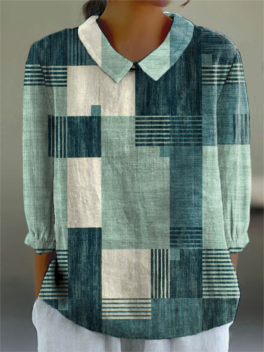 Women's Retro Plaid Abstract Art Print Casual 3/4 Sleeve Shirt