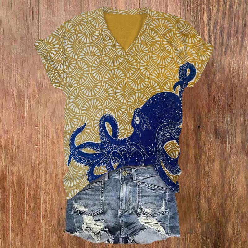 Japanese Style Octopus Art Print V-Neck T-Shirt