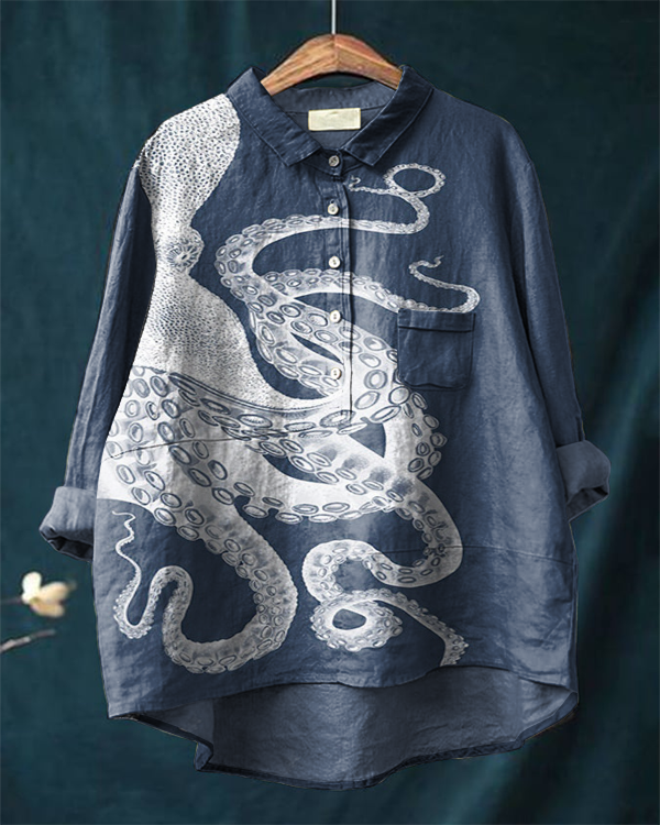 Japanese Octopus Art Print Casual Cotton and Linen Shirt