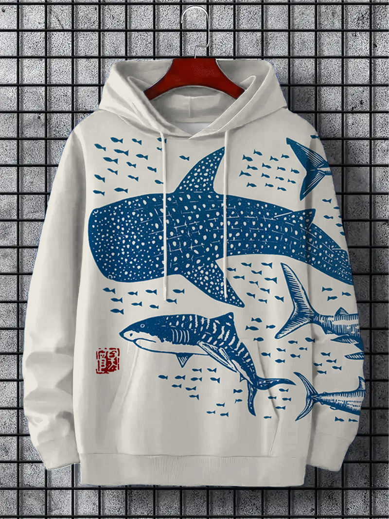 ⚡Clearance Sale⚡Men's Sharks Sea Fish Japanese Lino Art Print Hooded Sweatshirt