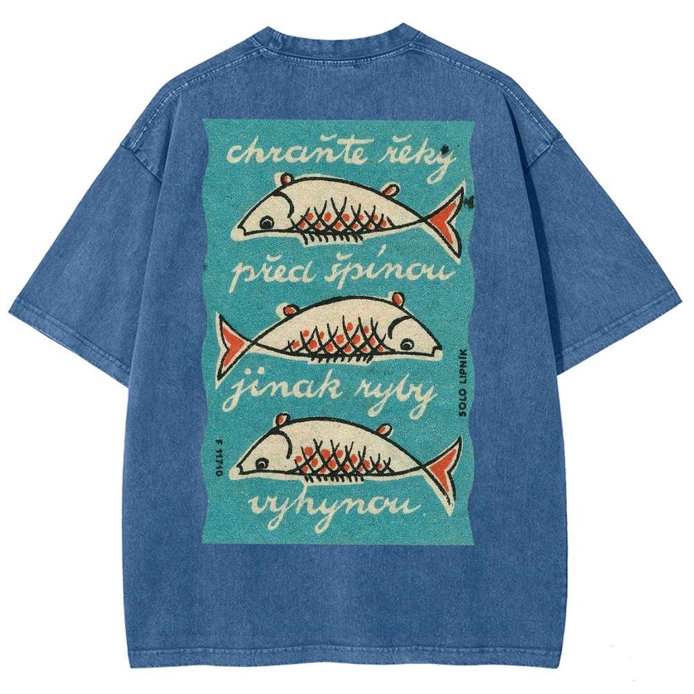 Fishes Pattern Printed Washed Vintage Short Sleeves T-Shirt