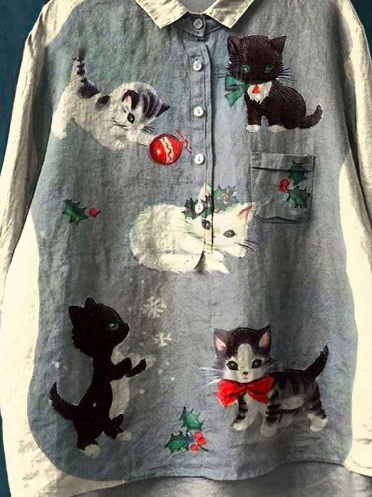 Vintage Lovely Cats Art Print Casual Cotton And Linen Shirt