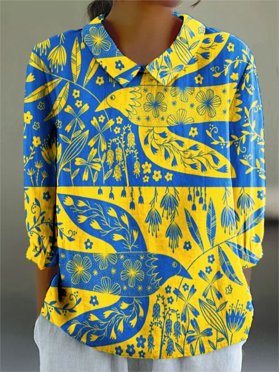 Women's Vintage Ukrainian Peace Dove Flower Art Print Casual 3/4 Sleeve Shirt