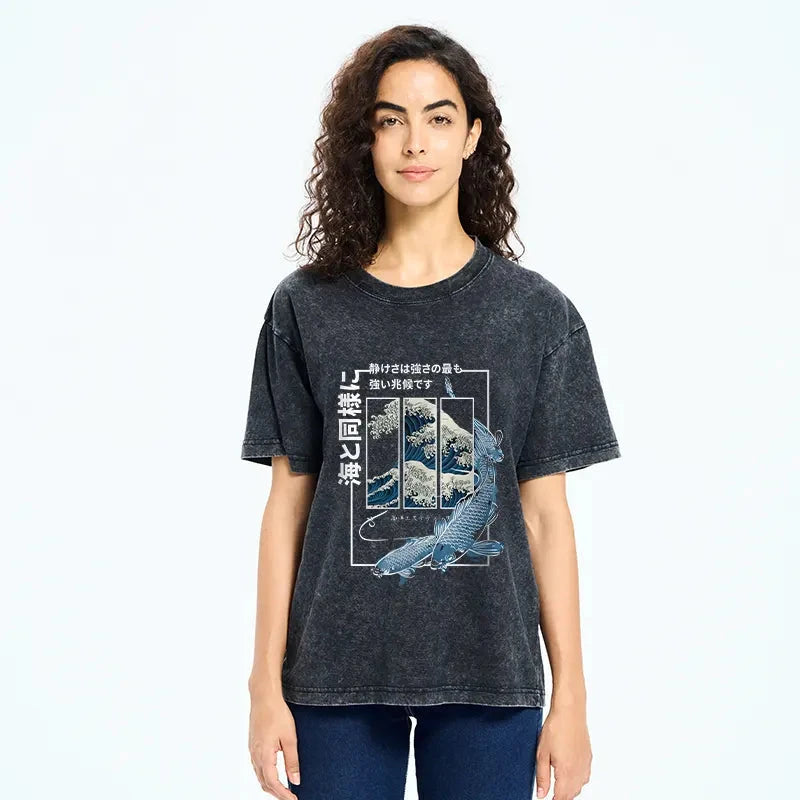 Ukiyoe Waves And Fish Washed T-Shirt