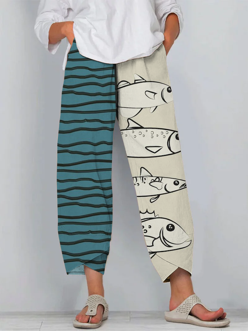 Casual Ocean White Fish Art Print Cropped Pants