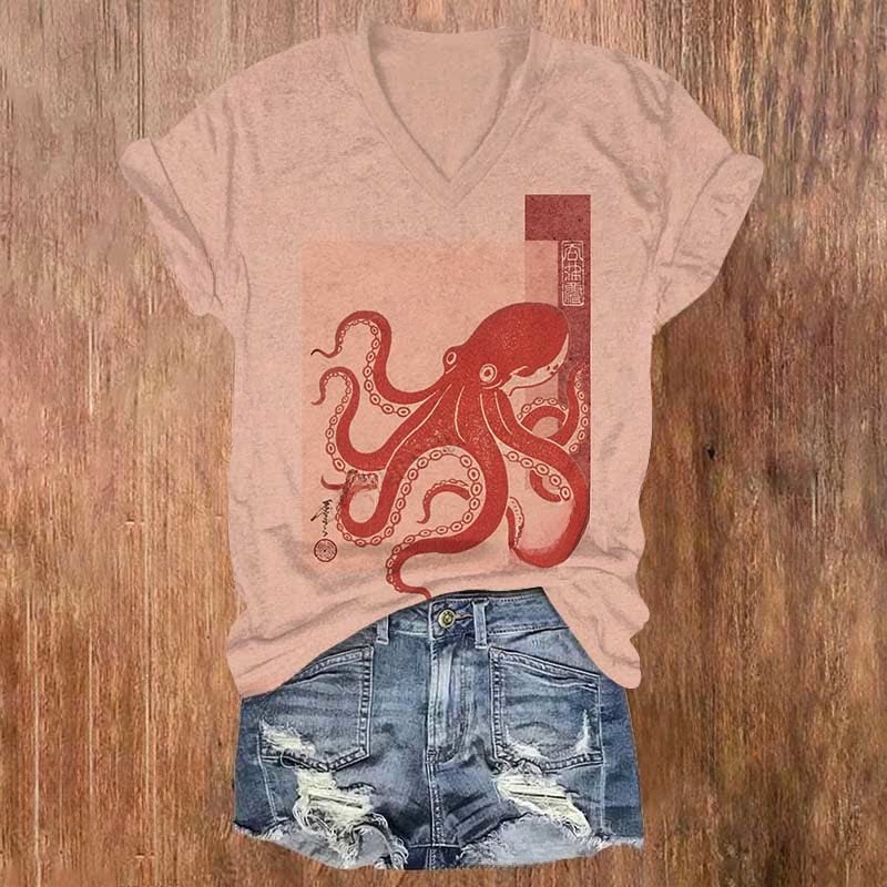 Japanese Cute Red Octopus Art Print V-neck T-shirt