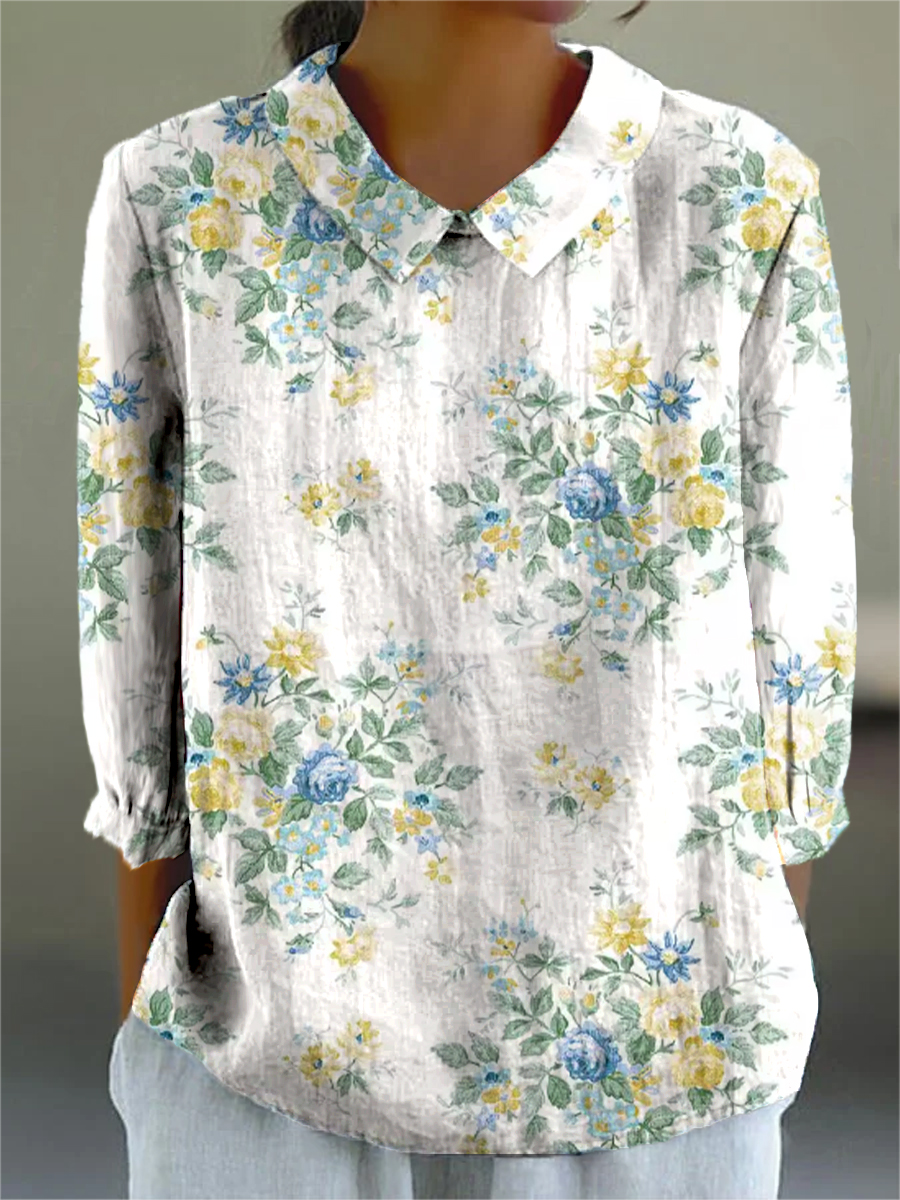 Women's Vintage Art Flower Print Casual 3/4 Sleeve Shirt