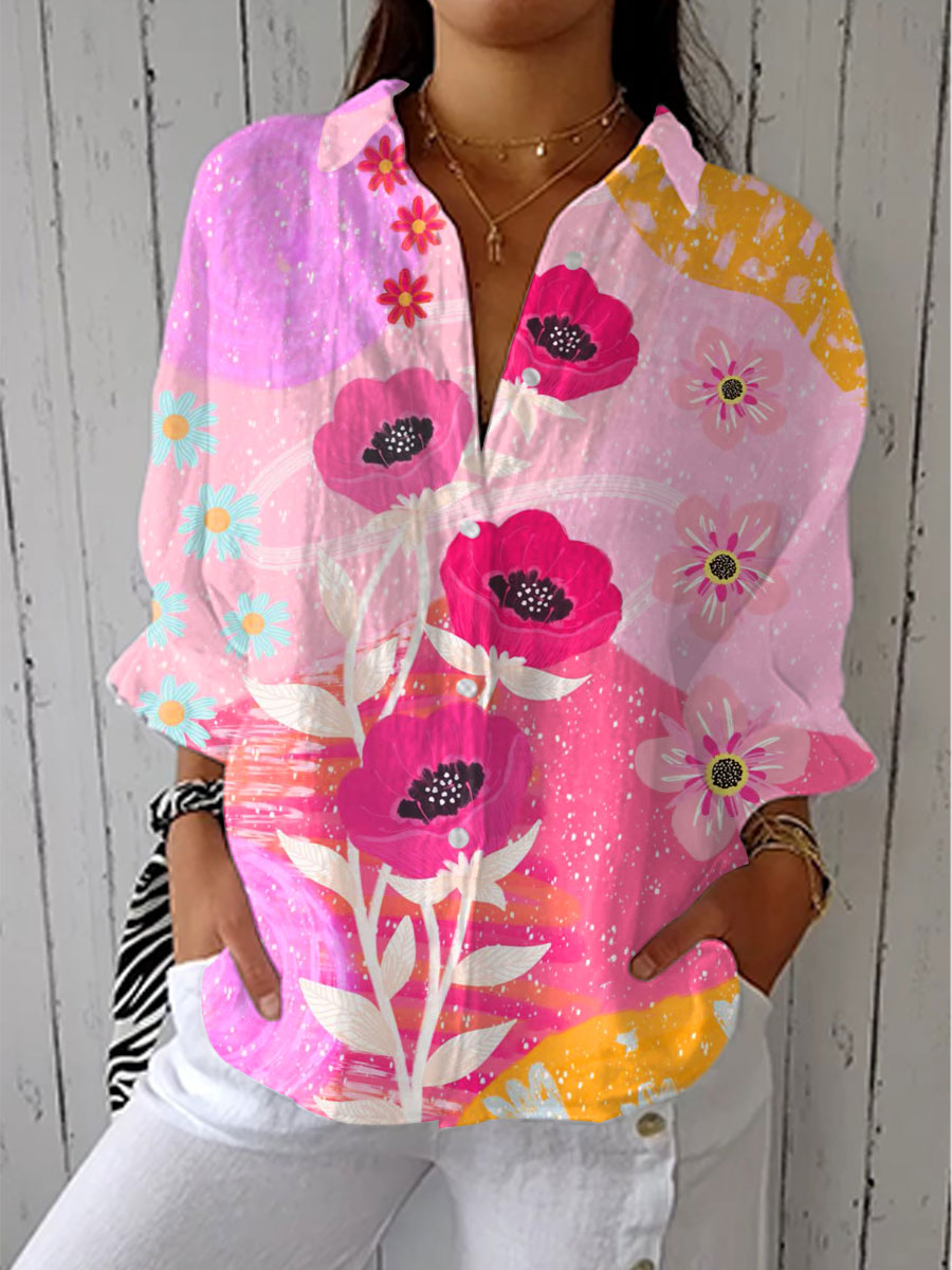 Women's  Vintage Flower Art Print Casual V-neck Shirt