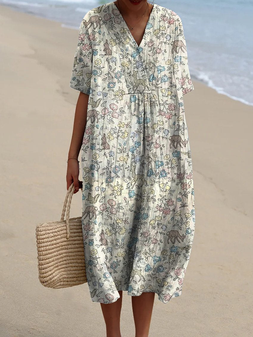 Retro Style Sweet Woodland Pattern Printed Women's Flowy Dress