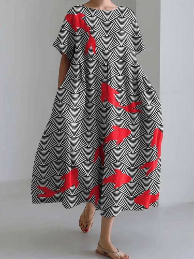 Ladies Art Painting Casual Loose Short Sleeve Dress