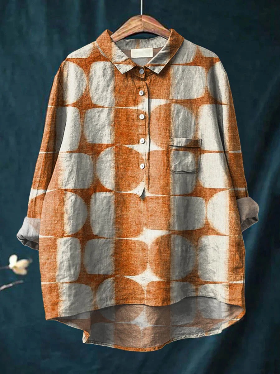Women's Abstract Geometric Pattern Art Print Casual Cotton And Linen Shirt
